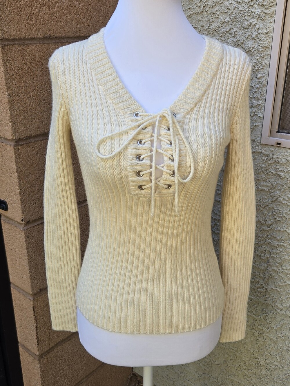 Moda International Wool Lace-Up Ribbed V-Neck Sweater